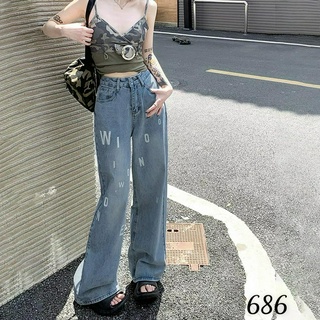 Quần Jean Ống Suông Thêu Chữ Nổi Lưng Cao Chất Vải Dày Mềm