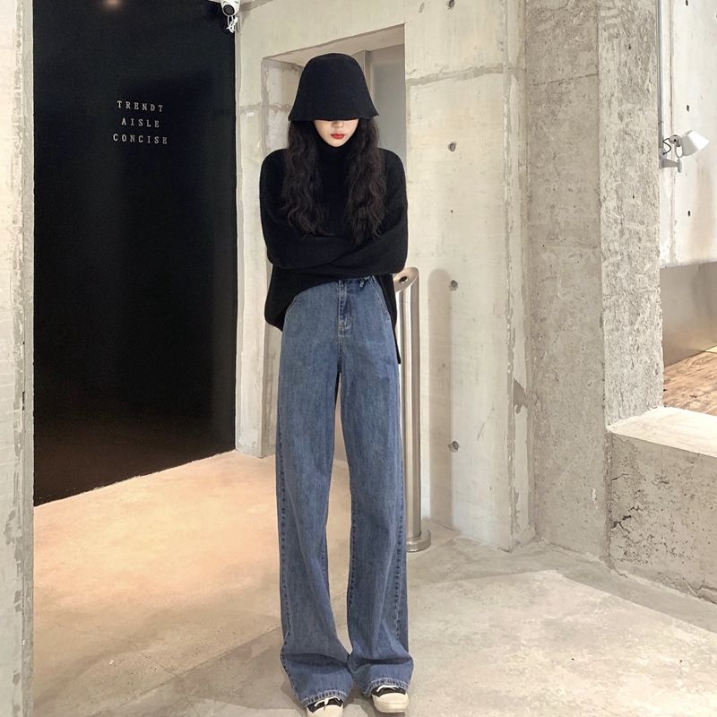 Daduhey Quần Jeans Nữ Cạp Cao Ống Rộng Cá Tính