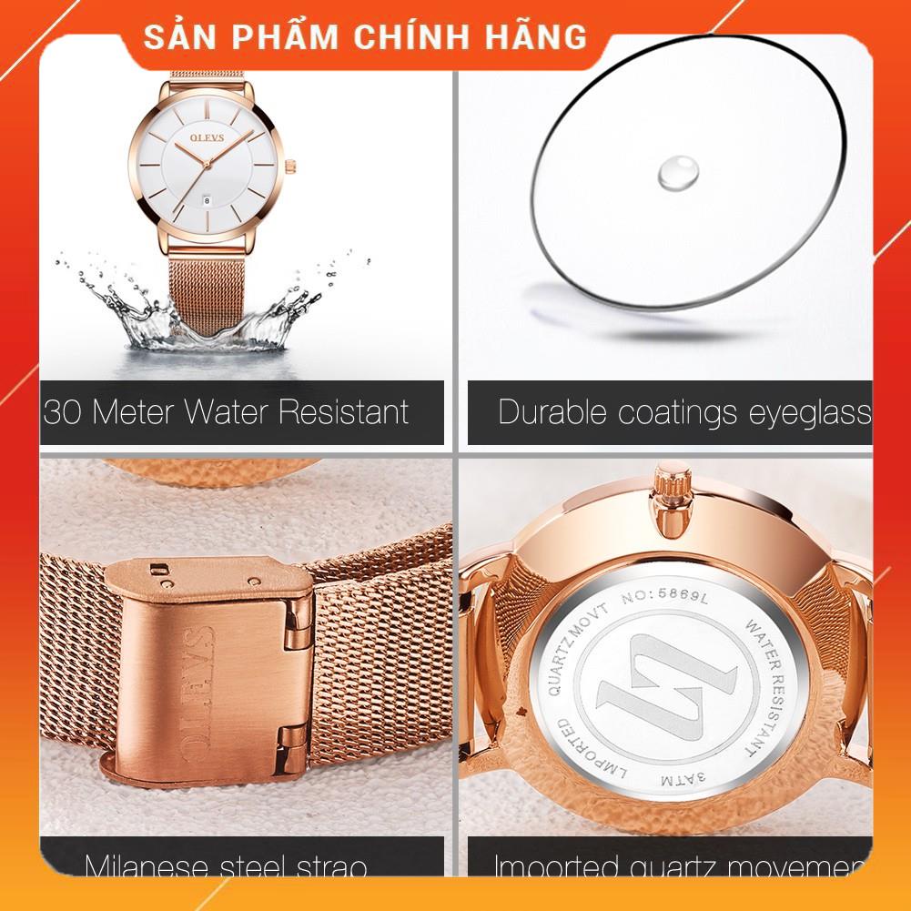 Đồng hồ đeo tay OLEVS 5869 dây đeo thép lưới siêu mỏng có lịch chống thấm nước màu vàng hồng thời trang nữ