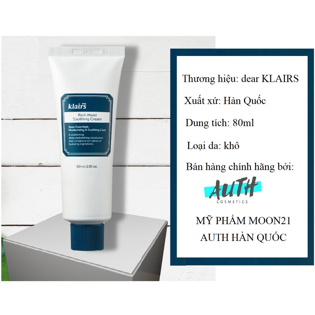 Kem dưỡng Klairs, kem dưỡng ẩm Klairs làm dịu da Rich Moist Soothing Cream 80ml , kem dưỡng da, kem dưỡng ẩm chuyên sâu