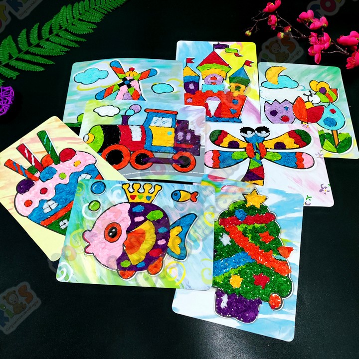 Sét 8 Tranh tô màu, tranh GIẤY tranh trang trí, tranh dán DÀY XINH, tranh giấy thủ công, đồ chơi cho bé