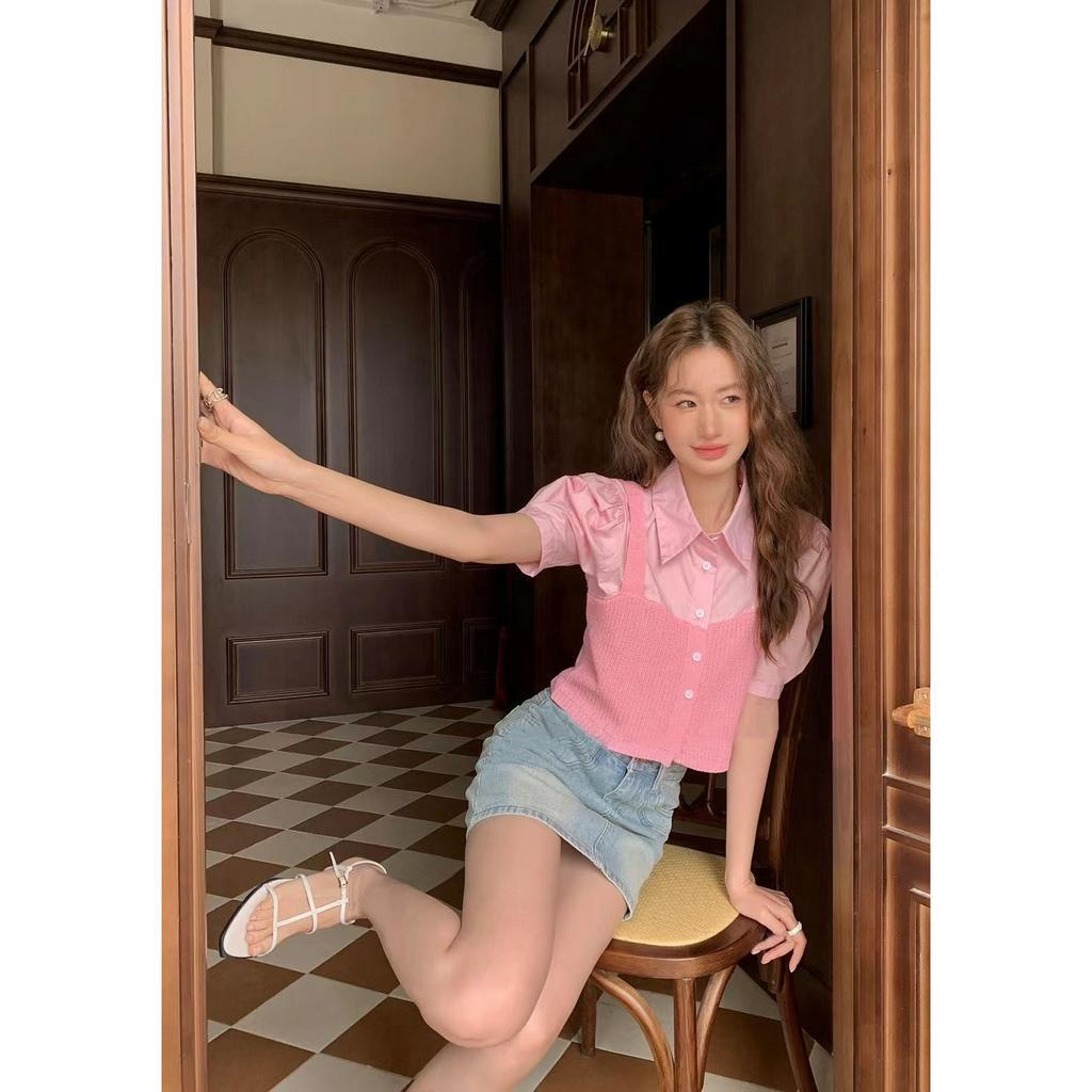 ZHELIHANGFEI Áo Sơ Mi Tay Phồng Giả Hai Lớp Phong Cách Thời Trang Phương Tây Dành Cho Nữ