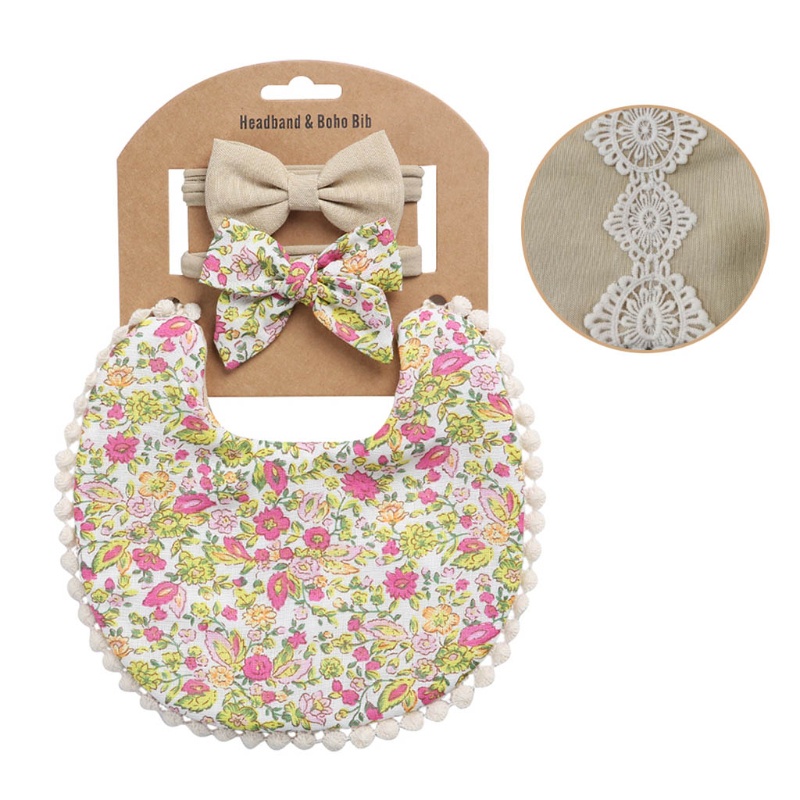 Khăn Choàng Cổ + Khăn Lau Nước Bọt In Hoa Phối Tua Rua Dễ Thương Cho Bé