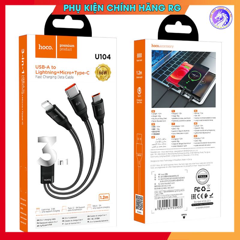 Cáp sạc nhanh và truyền dữ liệu 3 đầu 66W Hoco U104 hàng chính hãng bảo hành 12 tháng