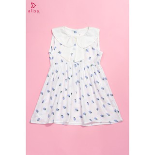 Alisa_Đầm cổ tròn nơ họa tiết dâu xanh
