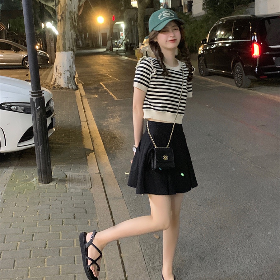 Áo dệt kim ZHELIHANGFEI tay ngắn họa tiết kẻ sọc thời trang cho nữ