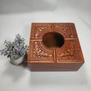 Gạt tàn vuông gỗ hương chạm khắc hoa văn tinh xảo cao cấp