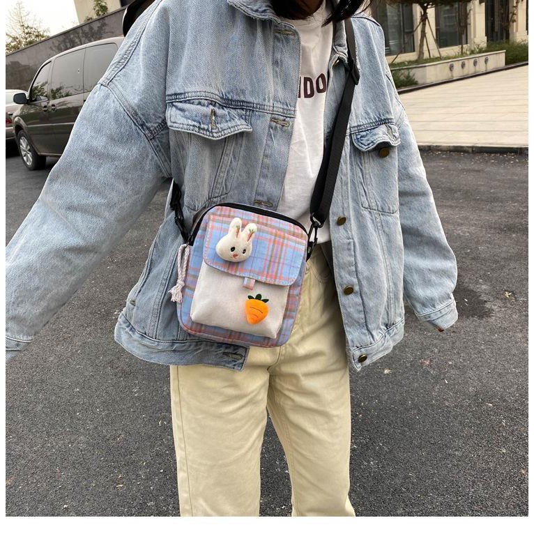 Túi Vải Canvas Đeo Chéo Nhật Bản ❤️ HOTTREND ❤️ Túi đeo chéo kẻ caro mini nữ thời trang tặng sticker TN76