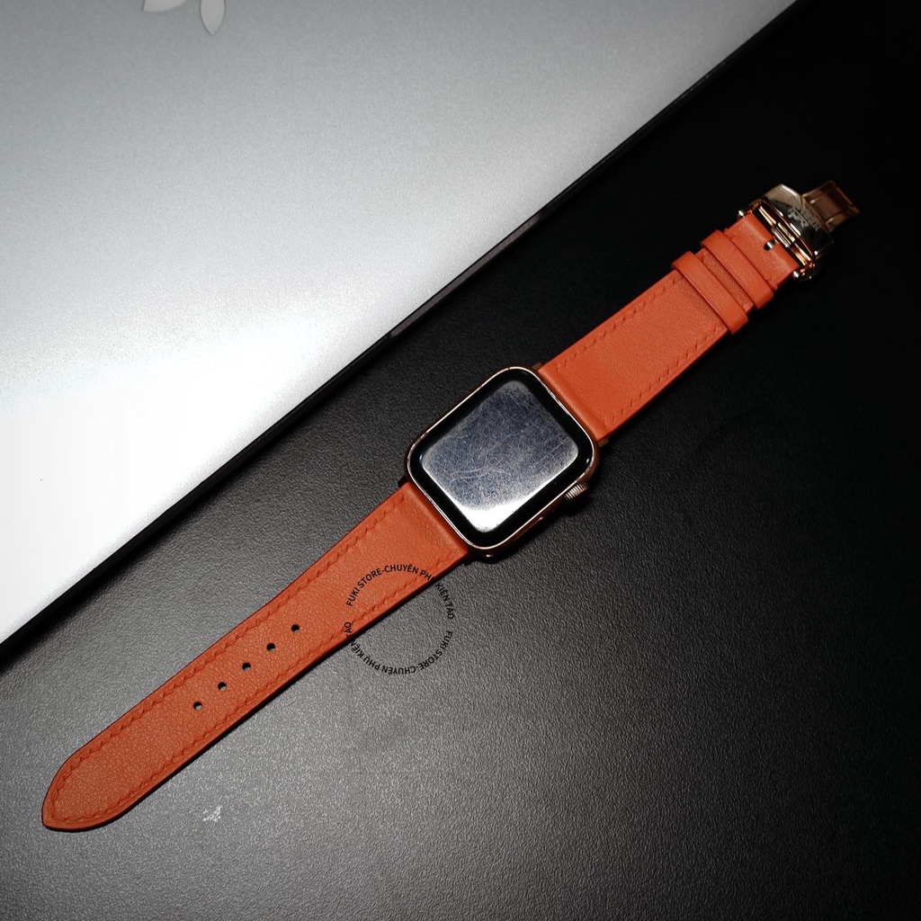 [DÂY DA THẬT] DÂY DA BÊ SWIFT MAY TAY THỦ CÔNG MÀU CAM CHO APPLE WATCH SERIES 1=&gt;7 (BẢO HÀNH 1 NĂM)