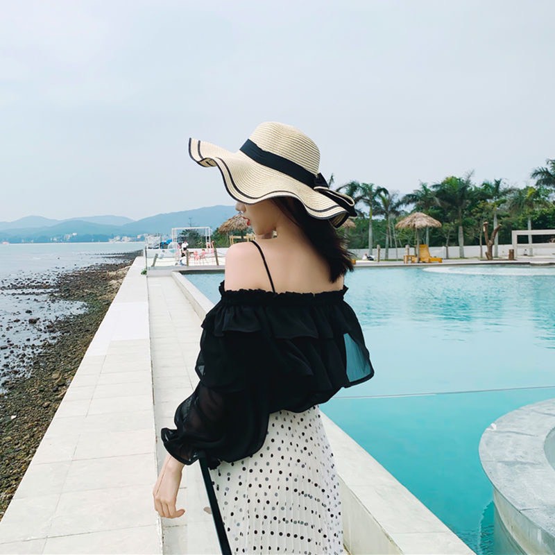 Mũ cói nữ_nón chống nắng rộng vành đai nơ cao cấp phong cách vintage