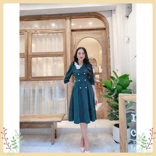 Đầm Dự Tiệc Lury Nữ, Đầm Thiết Kế Dáng Xòe Cổ Vest, Vải Cao Cấp, Form Chuẩn Cực Tôn Dáng Đính Khuy Ngọc Trai - V118