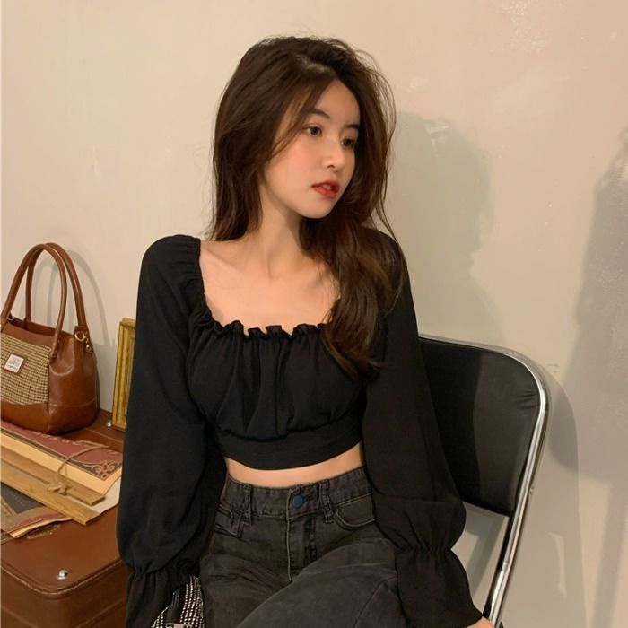 Áo Sơ Mi Tay Dài Phồng Cổ Vuông Phong Cách Hàn Quốc Mới Cho Nữ