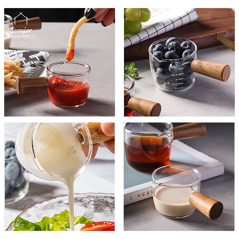 Cốc thủy tinh borosilicate SWEEJAR cỡ nhỏ có tay cầm bằng gỗ đựng nước sốt/cafe