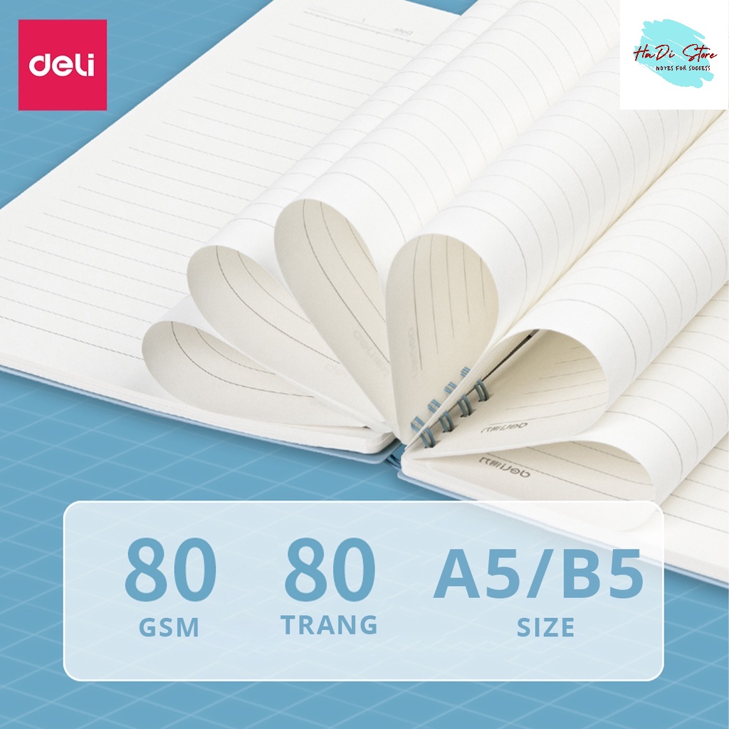 Sổ tay ghi chép 80 trang khổ A5/B5 bìa pastel - giấy kẻ ngang gáy lò xo DELI 24202/24203