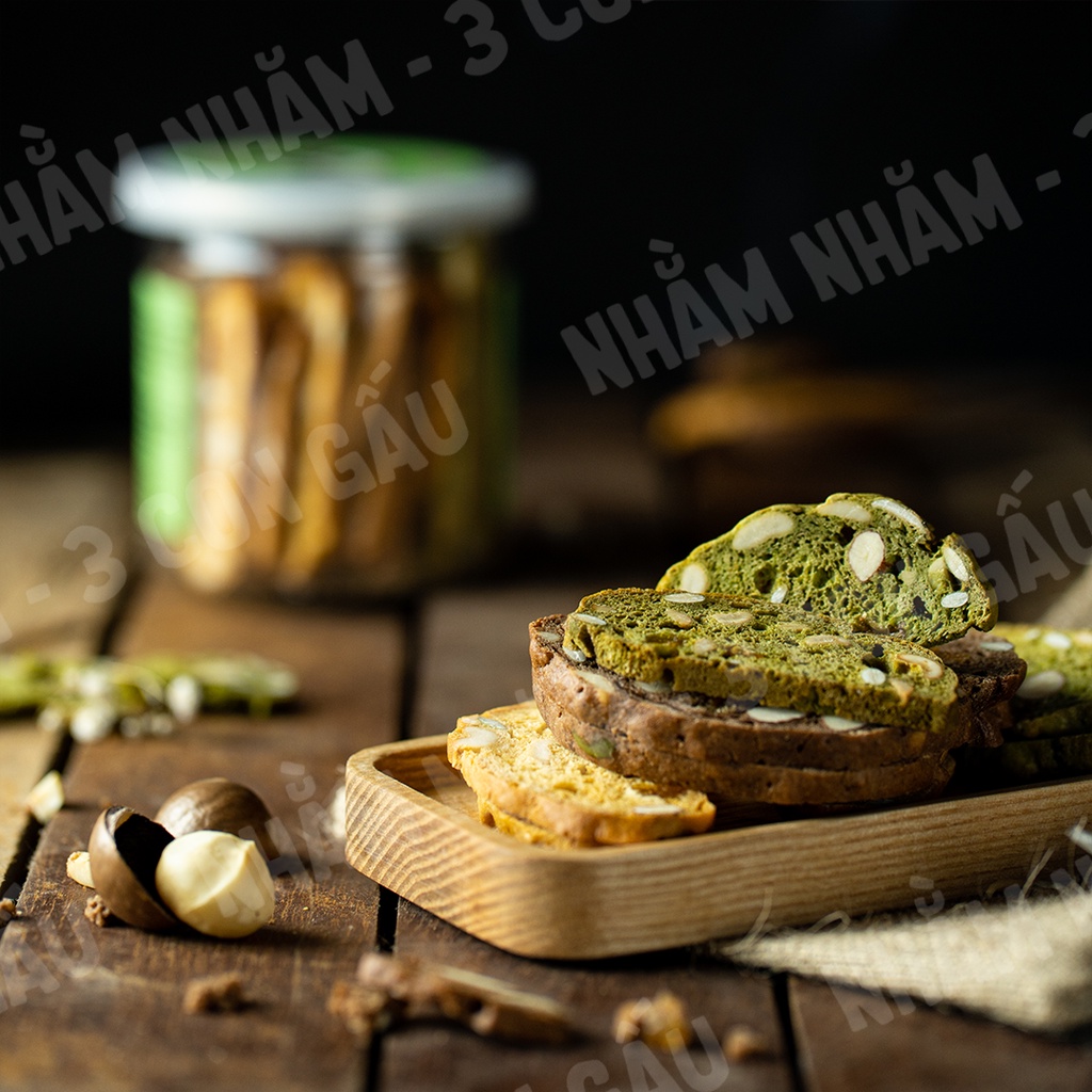 Bánh BISCOTTI  ăn kiêng, giảm cân Nhằm Nhăm 3Con Gấu 3 vị nguyên cám KHÔNG ĐƯỜNG Tiện Lợi, Thơm Ngon 100G