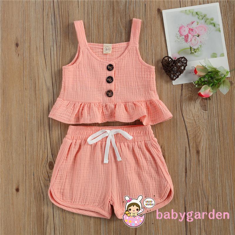 Bộ Áo Trễ Vai Màu Trơn + Quần Short Cho Bé Gái