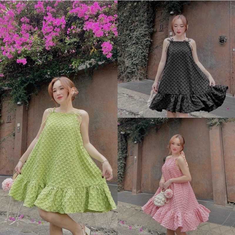 Đầm babydoll chất xốp from rỗng cột nơ