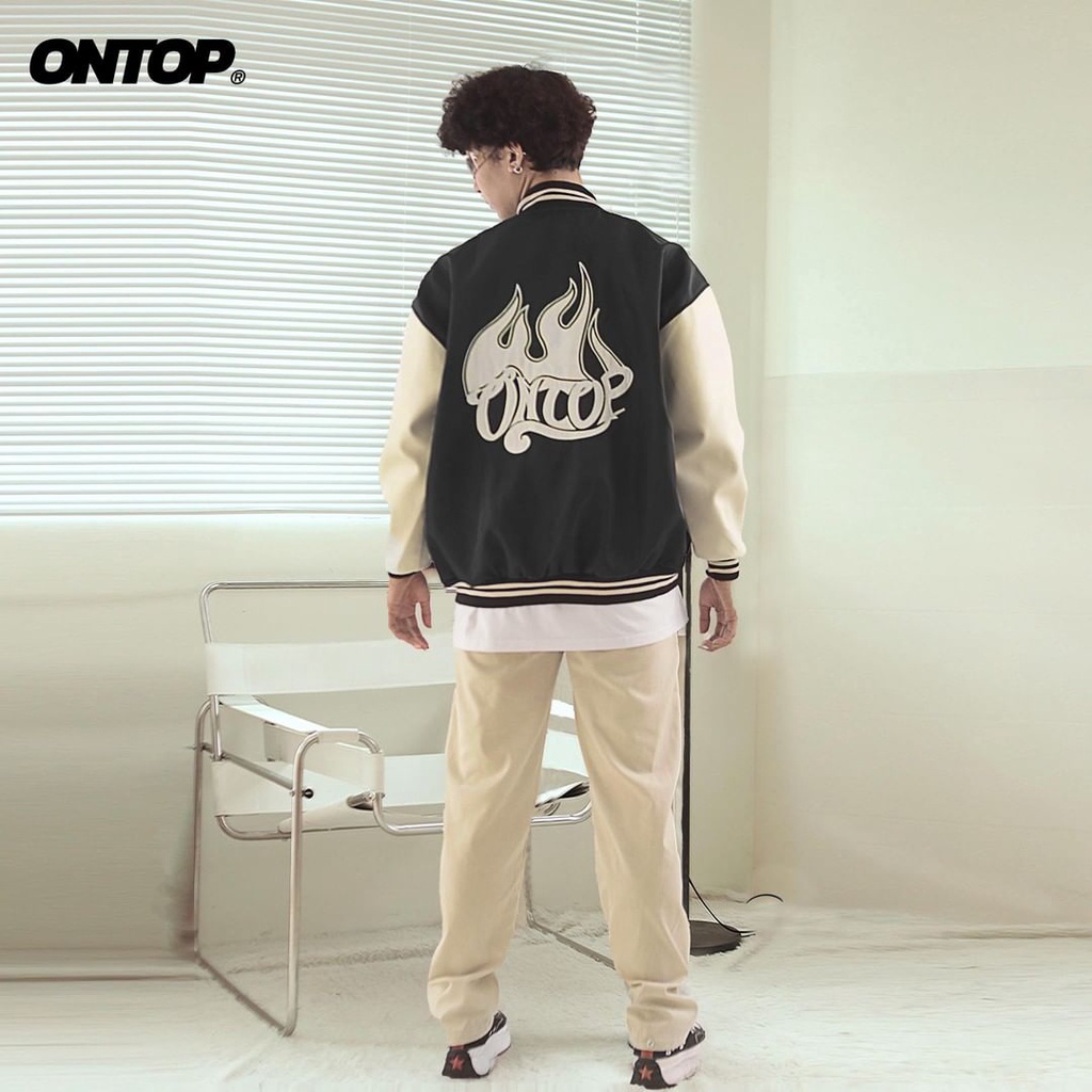 Áo Khoác Varsity tay Da màu kem, full Thêu local brand ONTOP Immortal Varsity Jacket O15-AK2