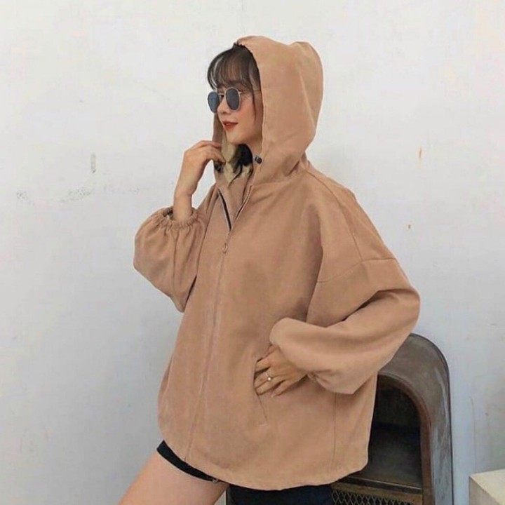 Áo Khoác Nhung Gân Nữ Trơn Có Mũ