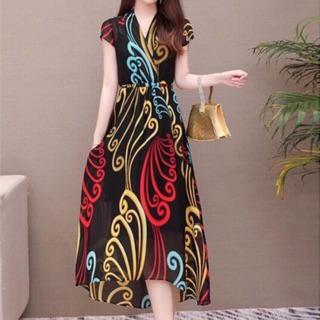 Đầm suông hoa cổ trụ form chữ A tay ngắn Quảng Châu size M L XL