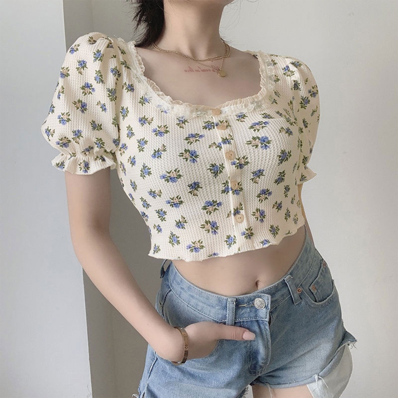 Áo Crop Top Tay Ngắn Phồng Cổ Vuông Phối Ren Thời Trang Cho Nữ