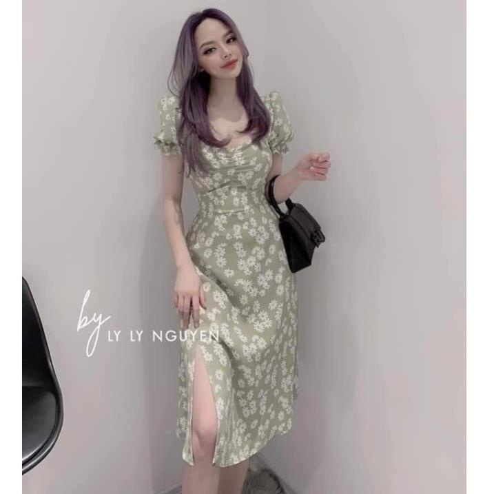 TBL đầm hoa nhí trắng xẻ tà nhúm ngực dự tiệc dáng xòe cúc họa mi tay con chất lụa dịu dàng
