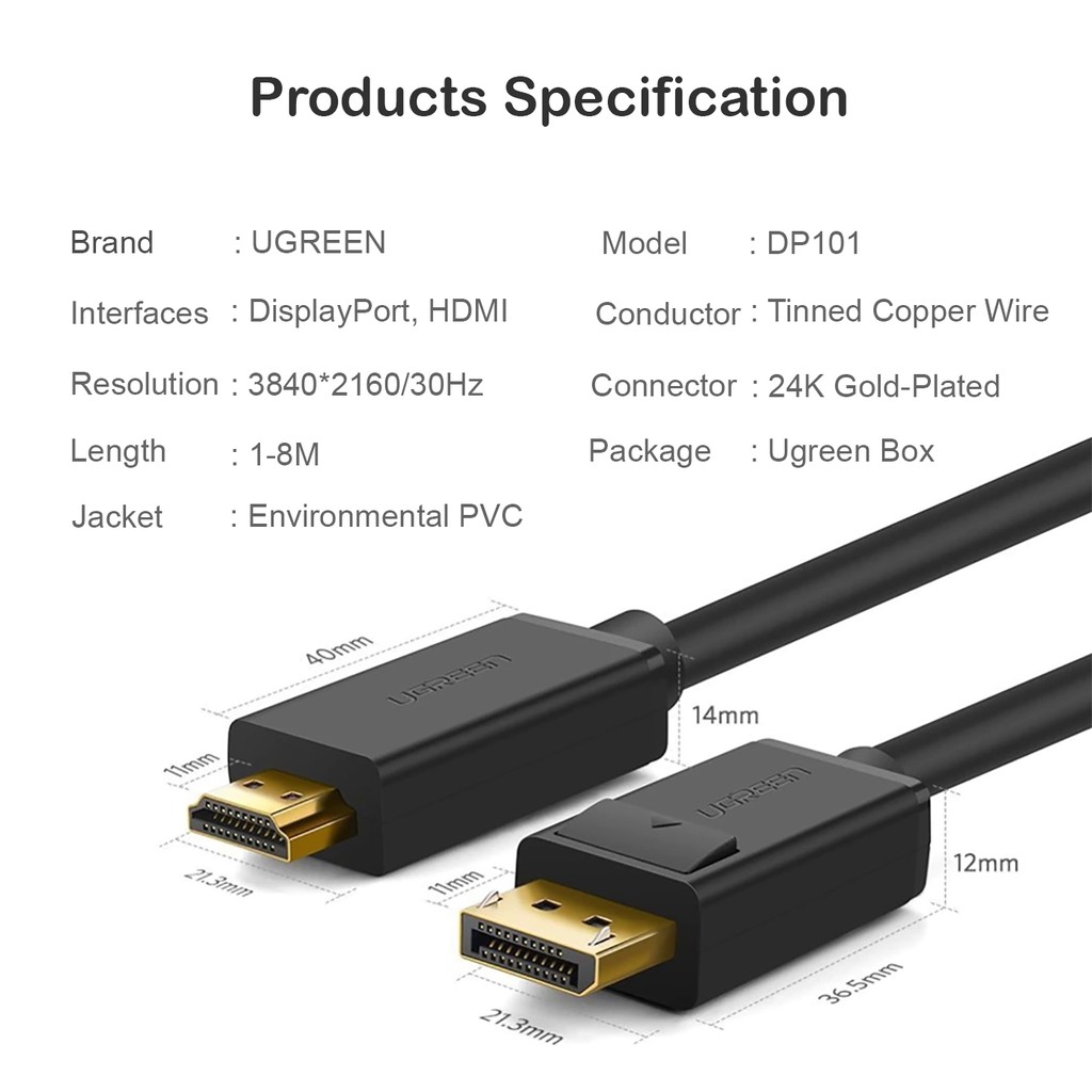 [Mã ELHACE giảm 4% đơn 300K] Cáp Chuyển Tín Hiệu DisplayPort Sang HDMI Ugreen DP101 Chính Hãng