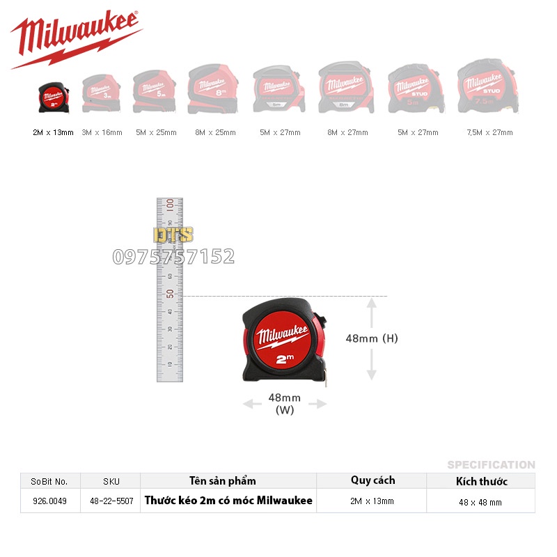 Thước kéo 2m cao cấp Milwaukee Mỹ siêu bền có móc chìa khóa, thước cuộn thép công nghiệp độ chính xác cao tuyệt đối