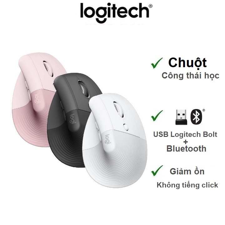 Chuột công thái học không dây Logitech Lift Vertical - Bluetooth | USB, giảm ồn , Windows/ Mac