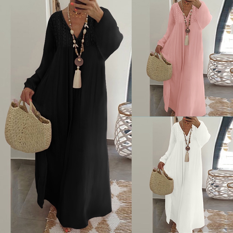 Women Long Sleeve V Neck Casual Pleated Long Dress