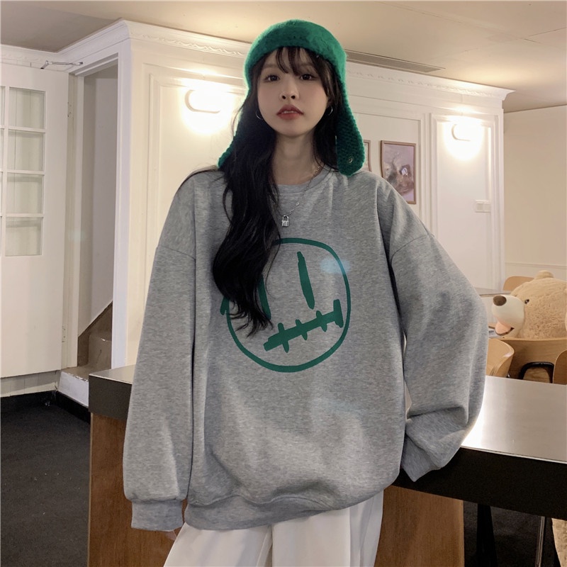 Áo Nỉ Nữ Dài Tay Cổ Tròn In Hình Hoạt Hình Thời Trang Hàn