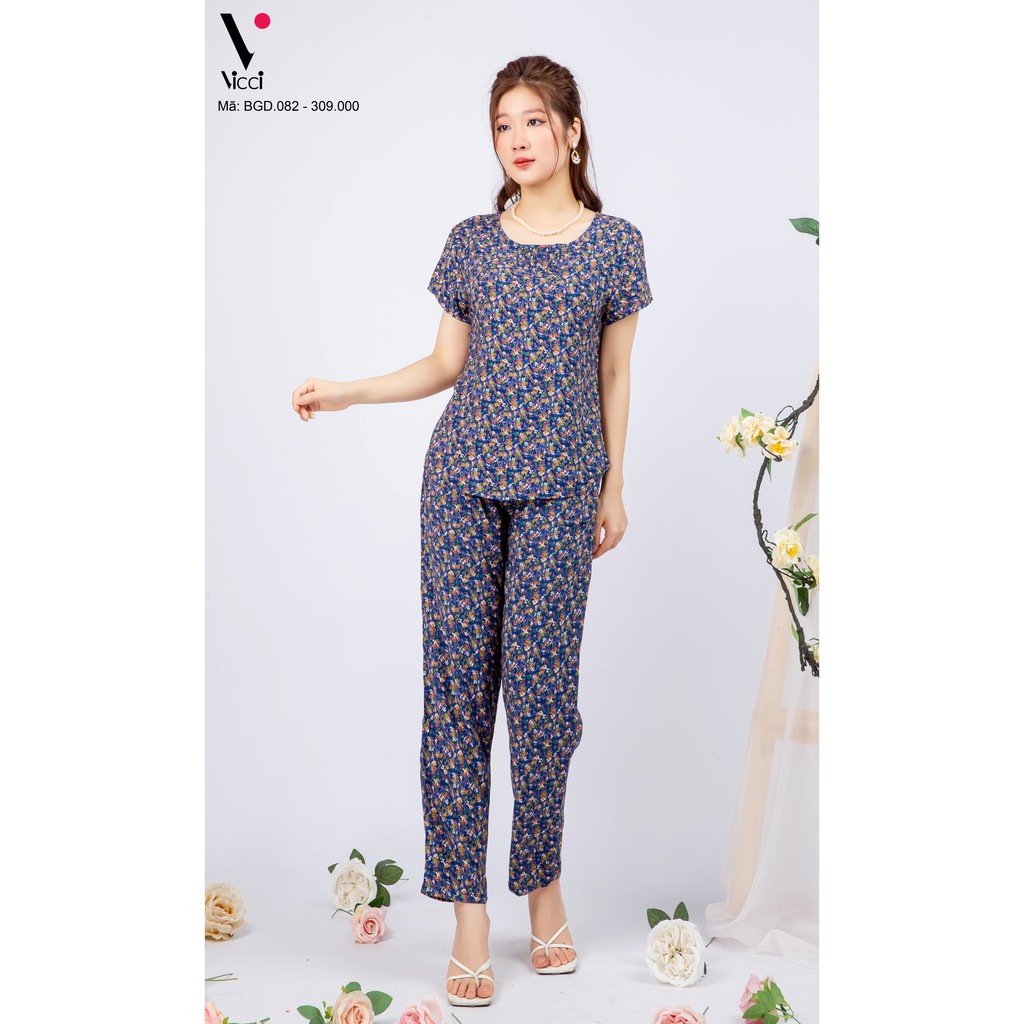 Bộ đồ mặc nhà trung niên lanh nhung Vicci áo cộc,quần dài BGDM.082