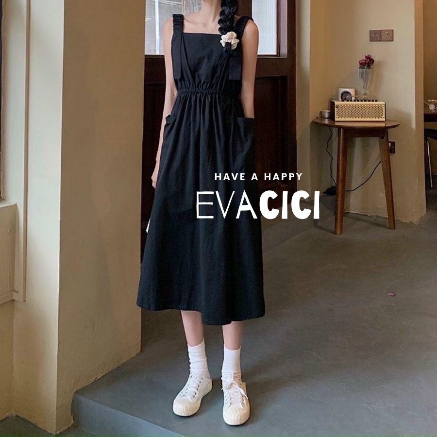 Váy 2 dây bản chun to , dáng dài, túi vuông basic, chun lưng, vải đũi trơn mát mẻ