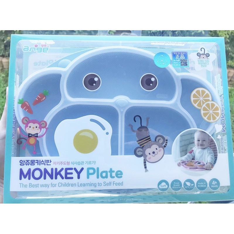 Khay cho bé ăn dặm silicone có đế hút chống đổ Monkey Ange