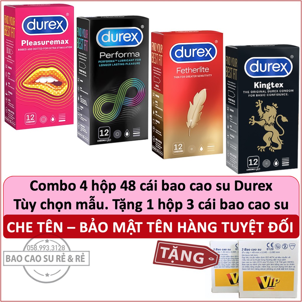 [FREE.SHIP] Combo 4 Hộp Bao Cao Su Durex 48 cái tùy chọn plesuremax performa fetherlite kingtex. Tặng kèm 3 cái.