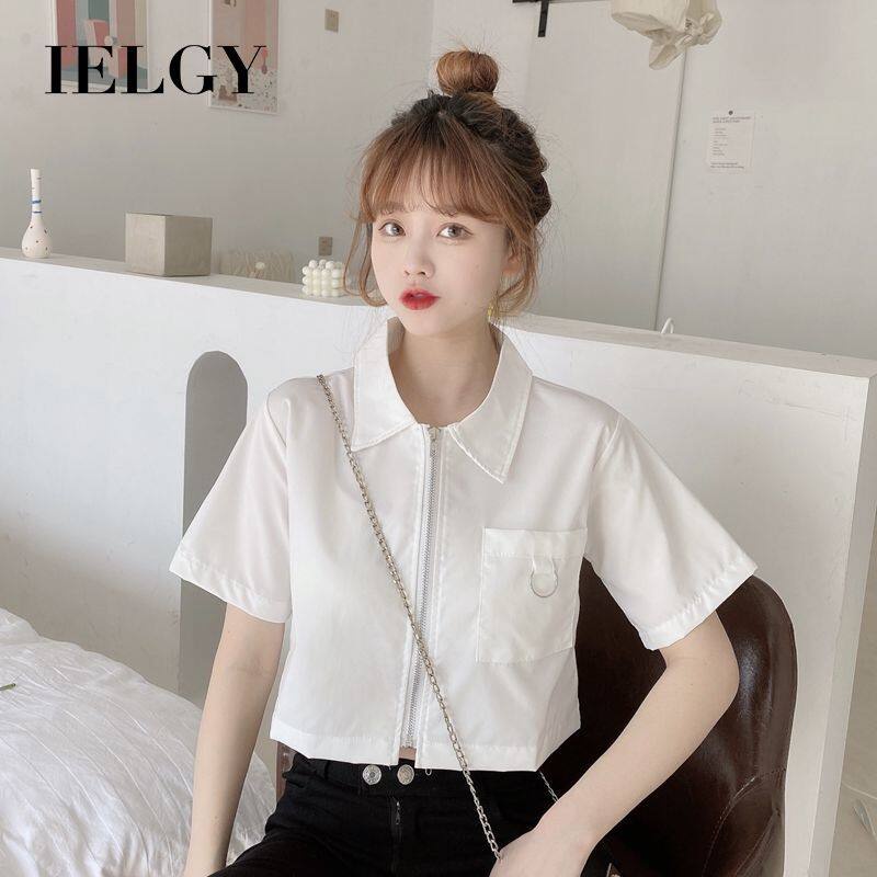 Áo croptop IELGY tay ngắn có túi và dây kéo màu sắc đơn giản thời trang mùa hè cho nữ