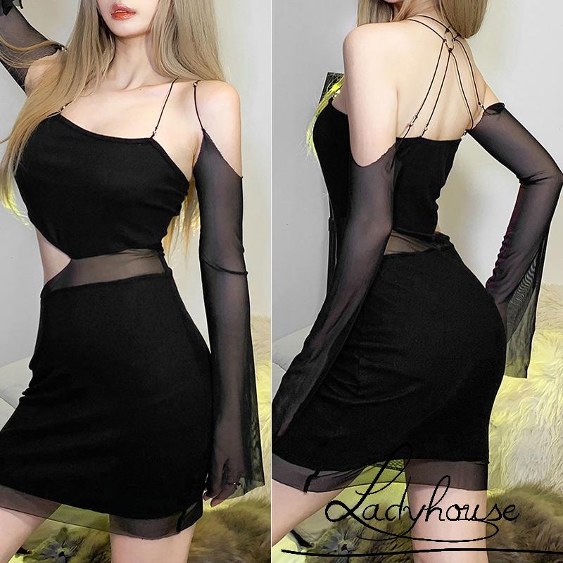 Đầm Ôm Dáng Tay Dài Hở Vai Phối Màu Đen Dành Cho Nữ