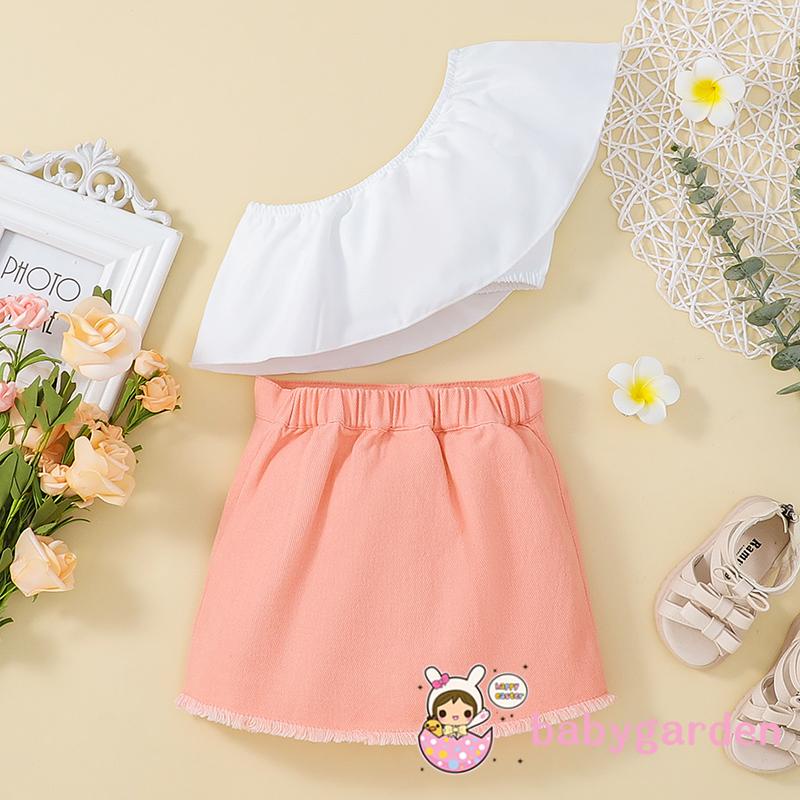 Bộ Áo Lệch Vai Phối Bèo + Chân Váy Eo Cao Cài Nút Dễ Thương Cho Bé Gái 1-6 Tuổi