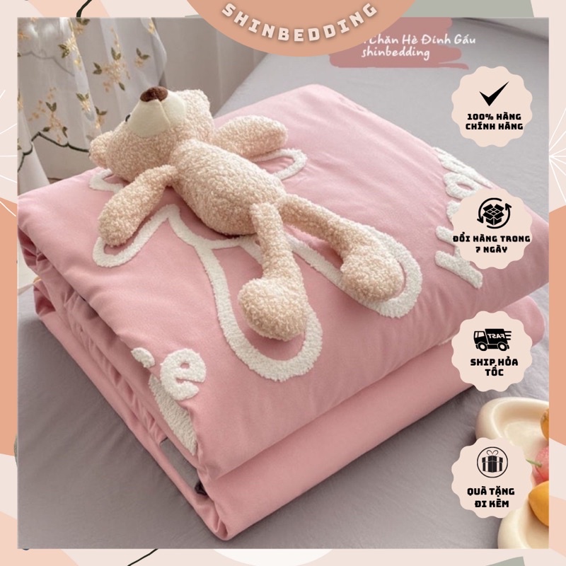 Set Chăn Ga Cotton Đũi Đính Gấu Dễ Thương,Nhiều Màu Sắc ( Chăn chần bỏng mỏng) - shinbedding