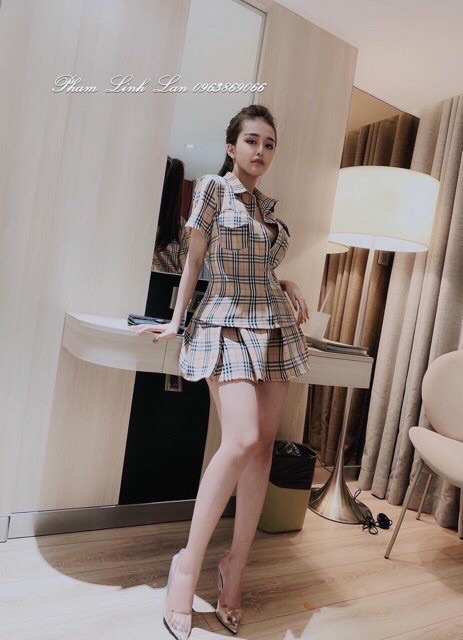 Sét bộ áo sơ mi và chân váy caro ( thật hình dưới nền)