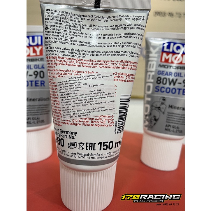 Nhớt Hộp Số, Nhớt láp Xe Tay Ga LIQUI MOLY MOTORBIKE GEAR OIL GL4 80W90 SCOOTER Dung Tích 150 ML