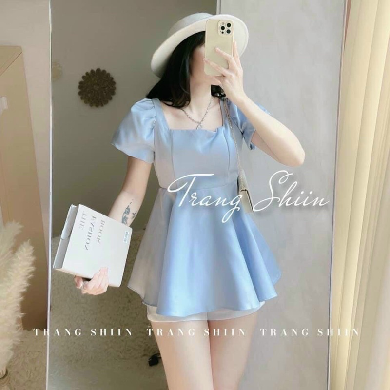 Set áo babydoll xanh dương tay phồng thắt dây nơ hở lưng + quần short trắng