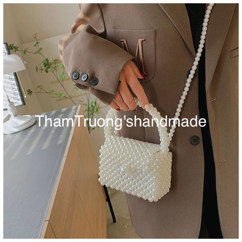 Túi xách tay hộp vuông kết hạt cườm giả ngọc trai handmade vintage