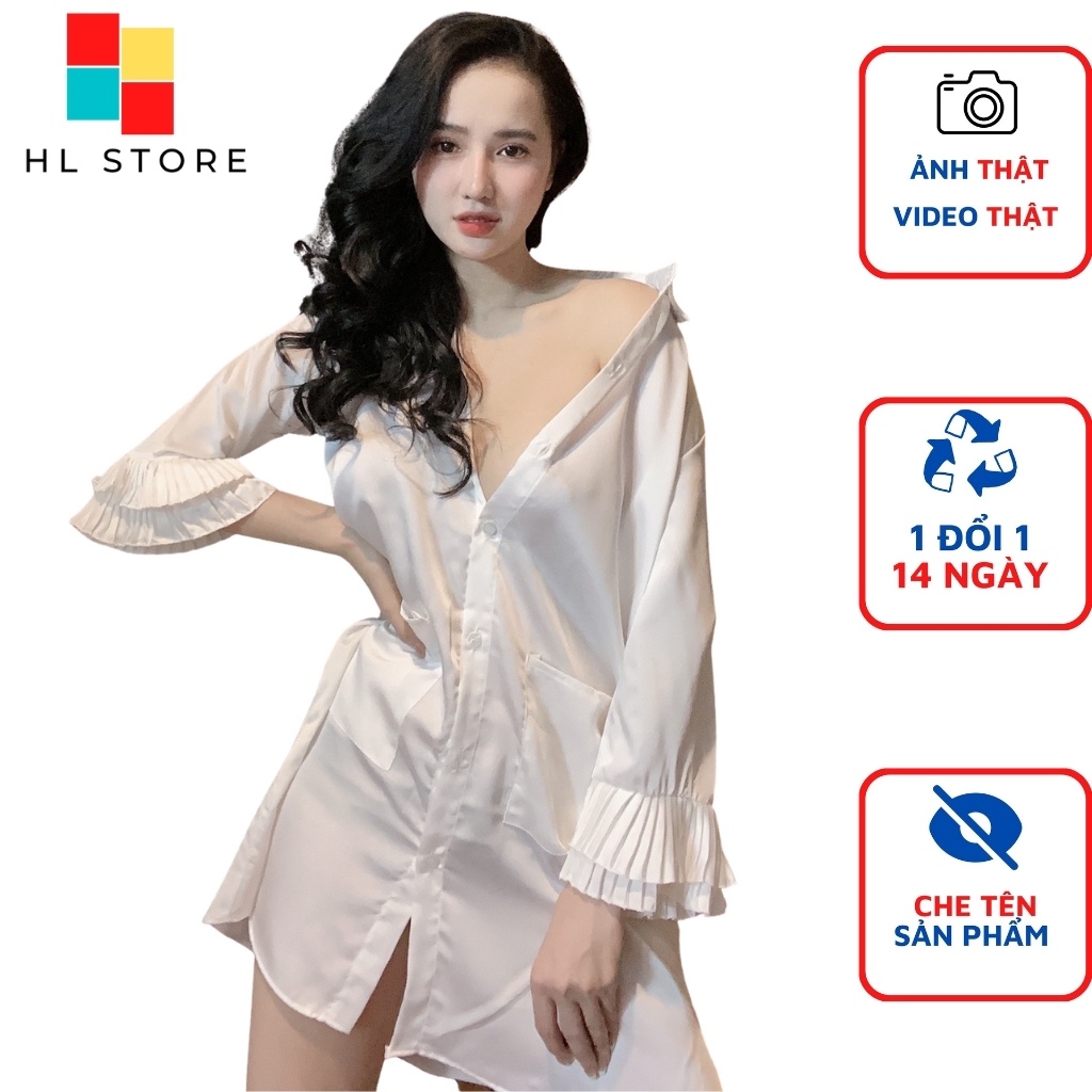 Đồ ngủ sexy đầm ngủ sơ mi gợi cảm, tay phối dập ly Hải Lan Store, chất liệu lụa satin, freesize 40-65kg tùy chiều cao