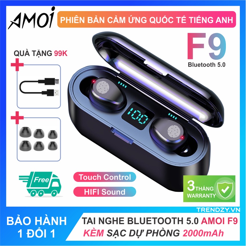 Tai nghe Bluetooth 5.2 Amoi F9 kiêm sạc dự phòng 2000 mAh bản quốc tế, có mic nghe gọi, kháng nước, bảo hành 12 tháng