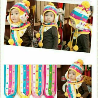 Set khăn mũ len tai thỏ cho bé