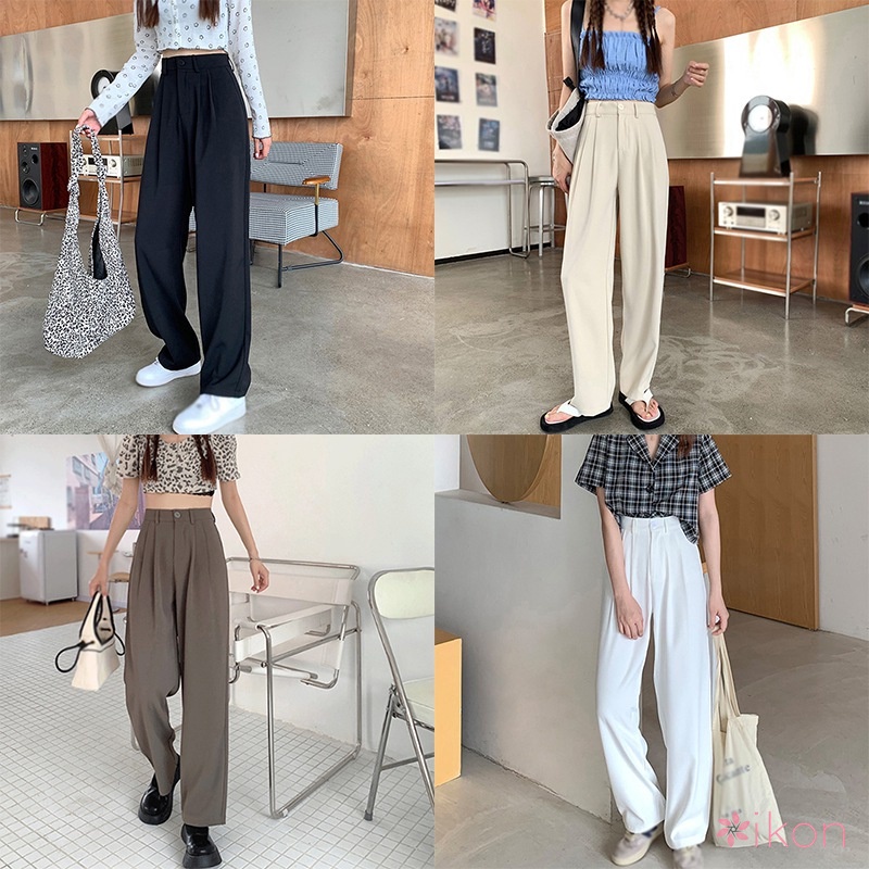 Quần Dài Ống Rộng Lưng Cao Màu Sắc Thanh Lịch Cho Nữ