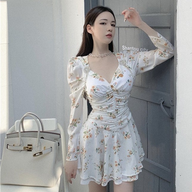 Đầm nữ hoa nhí dáng ôm tay dài mini Emilyshop