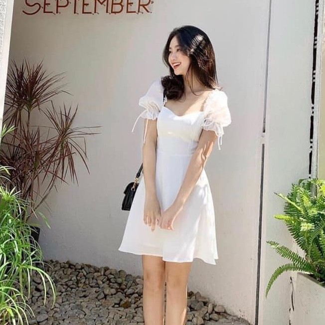 Váy trắng tiểu thư cổ vuông dự tiệc, kỉ yếu, đám cưới trẻ trung kèm ảnh thật