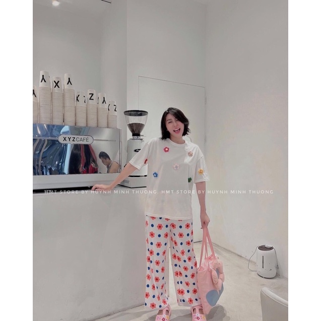 Set quần suông áo cotton đính hoa xinh xắn